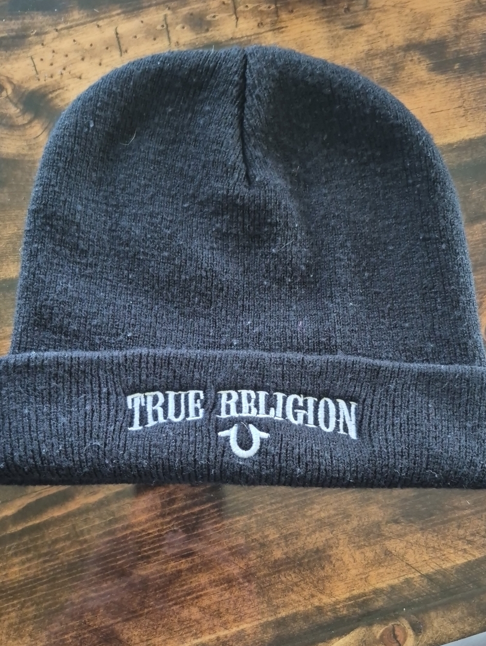 True Religion Black Cuffed Beanie with White Embroidered Logo